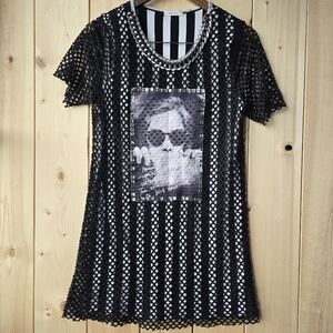 San Joy Mesh Overlay T Shirt Dress Black White Womens Large
